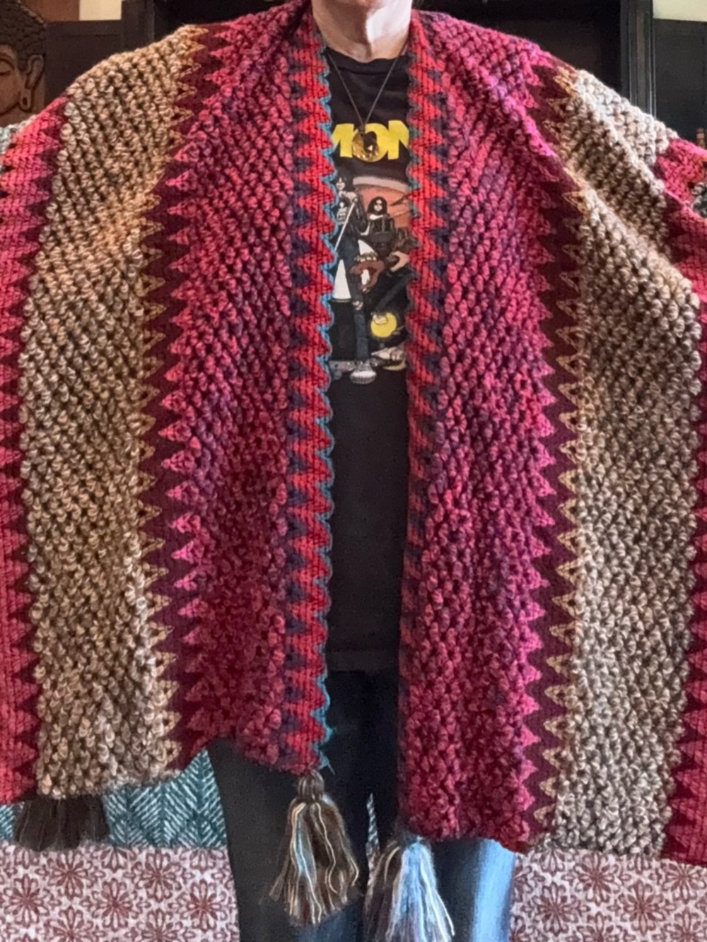 Anthropologie Chunky Crochet Shawl in Pink, Burgundy & Tan with Tassels